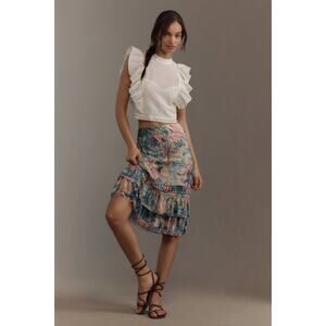 Anthropologie Maeve NWT Ruffled Mesh Midi Tropical Botanical Skirt, Size Small